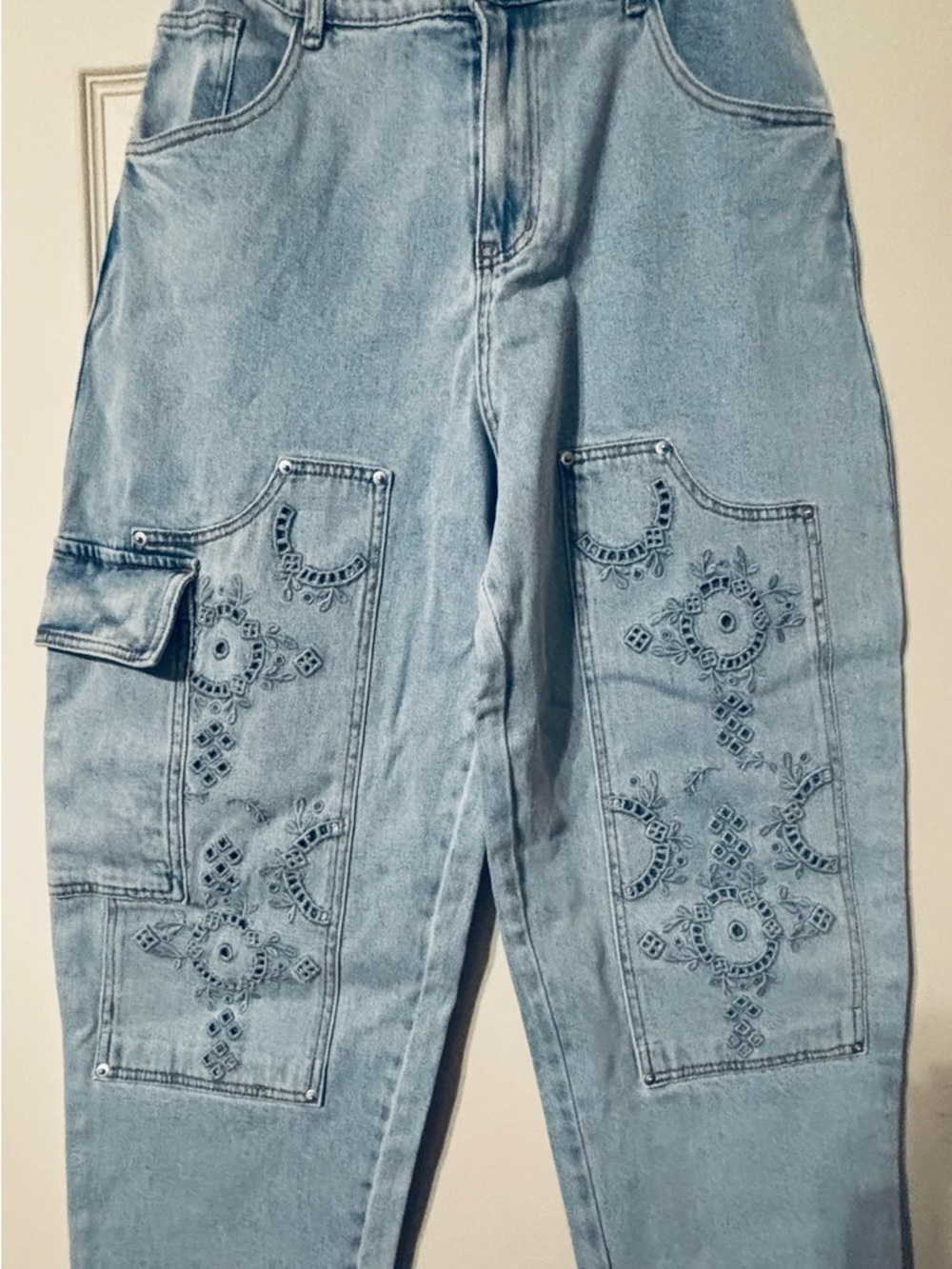 Light Blue Embroidered Barrel Jeans for Women